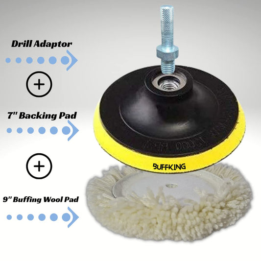 BUFFKING Pro Detailing Wool Pad for Compounding/Polishing 9 Inches 01 Pc + 01 Pc Backing Plate 180MM + 01 Drill Adaptor