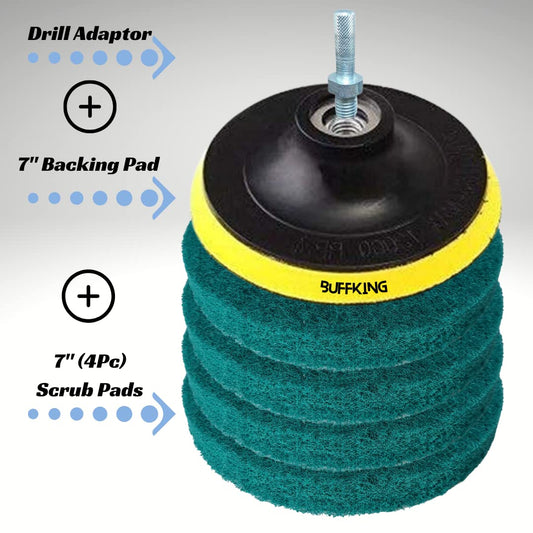 BUFFKING - Power Scrub Set Pack 7" (GREEN) HARD Density (4Pc Scrub + 1 Pc Backing Pad + 1 Pc Drill Adaptor)Compatible with Drill Machines & Angle Polishers