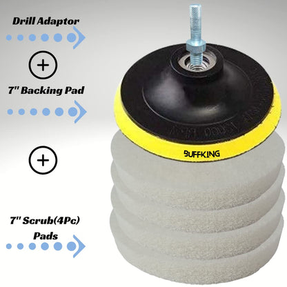 BUFFKING - Power Scrub Set Pack (WHITE) SOFT Density 7" (4Pc Scrub + 1 Pc Backing Pad + 1 Pc Drill Adaptor) Compatible with Drill Machines & Angle Polishers