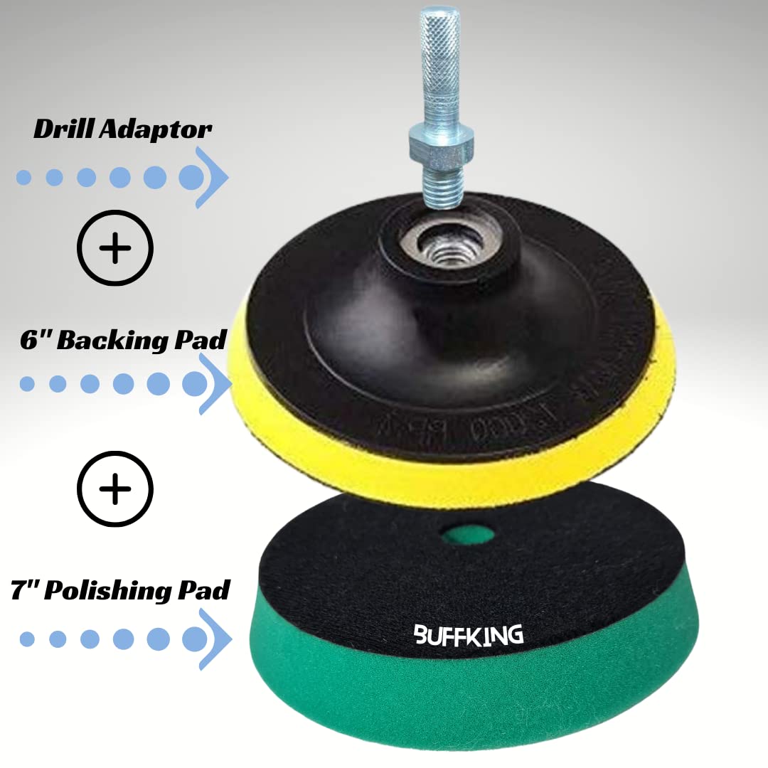 BUFFKING Pro Detailing Foam Pad Set – Green High Cut 7 Inches + M14 Backing Plate+ Drill Adaptor