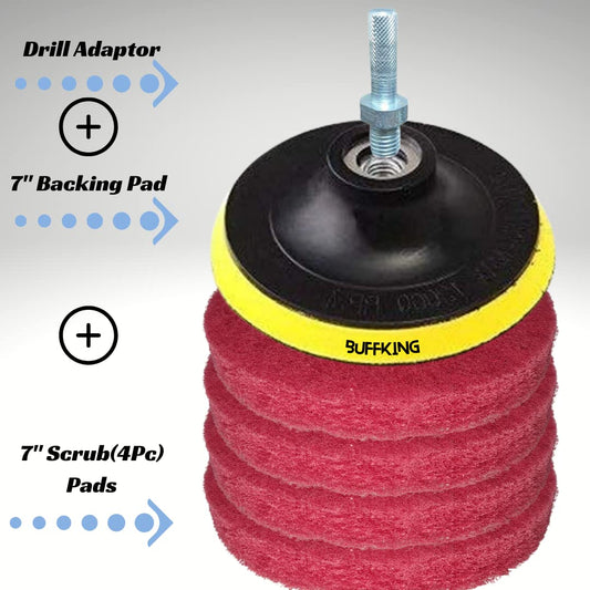 BUFFKING - Power Scrub Set Pack (RED) MEDIUM Density 7" (4Pc Scrub + 1 Pc Backing Pad + 1 Pc Drill Adaptor)Compatible with Drill Machines & Angle Polishers