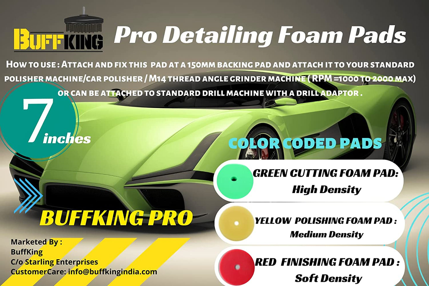 BUFFKING Pro Detailing Foam Pad Set – Green High Cut 7 Inches + M14 Backing Plate+ Drill Adaptor