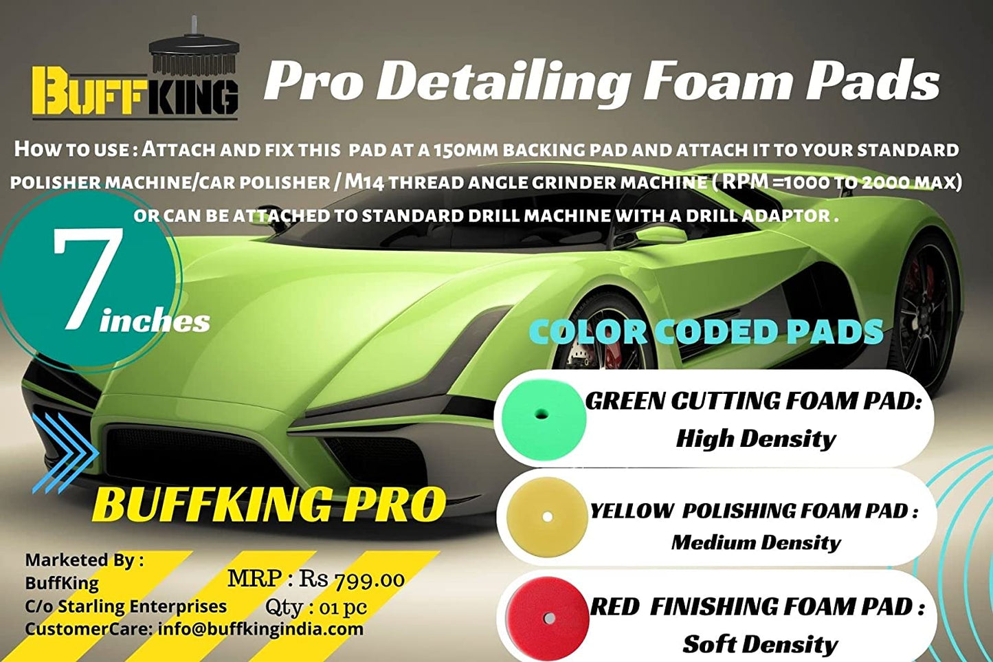 BUFFKING Pro Detailing Foam Pad 7" – RED for Finishing -01 Pc Attached with Polisher Machines