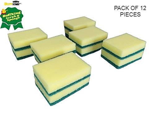 BUFFKING Scrub Sponge 2 in 1 PAD for Kitchen, Sink, Bathroom Cleaning Scrubber - Value Pack of 12 PCS (Green Yellow, 10 x 7.5 cm)